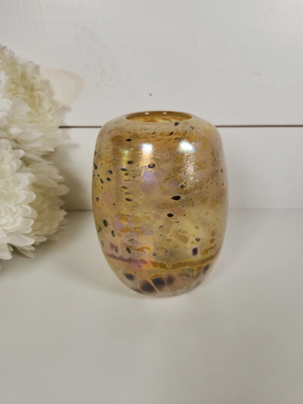 Vintage Hand Blown Iridescent Art Glass Vase, Signed | Confetti Glass Vessel